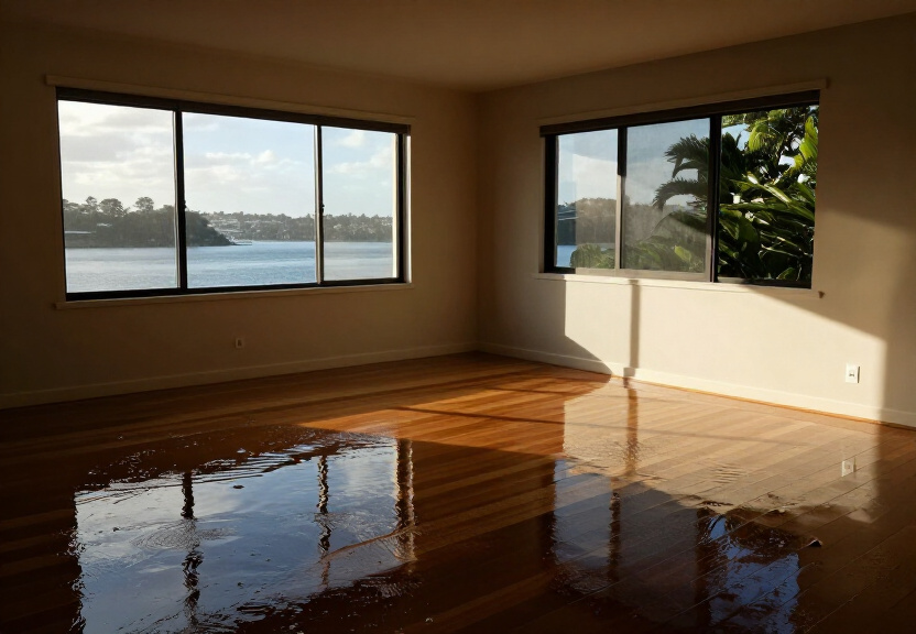 Flood-damaged living room in Old Guildford before restoration